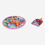 Foldable textile fan with tropical print by Flying Tiger Copenhagen, showing vibrant colors and compact design for easy portability.