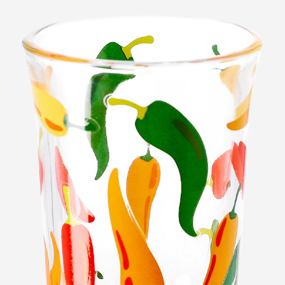 Flying Tiger Copenhagen 40ml shot glass with chilli print, featuring a colorful spicy chili design perfect for kitchen use.