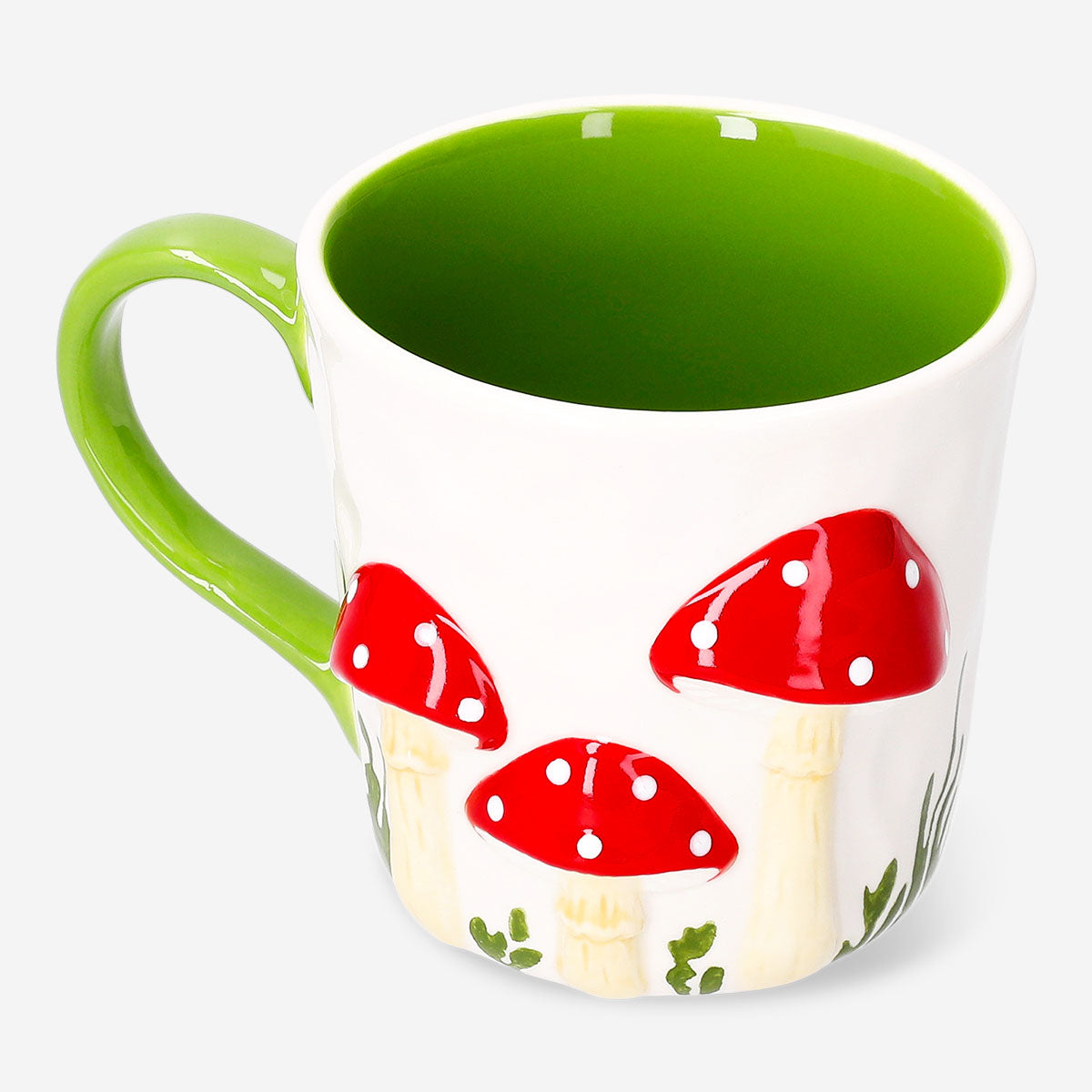 White 450ml ceramic mug with embossed mushroom design, perfect for kitchen use, by Flying Tiger Copenhagen.