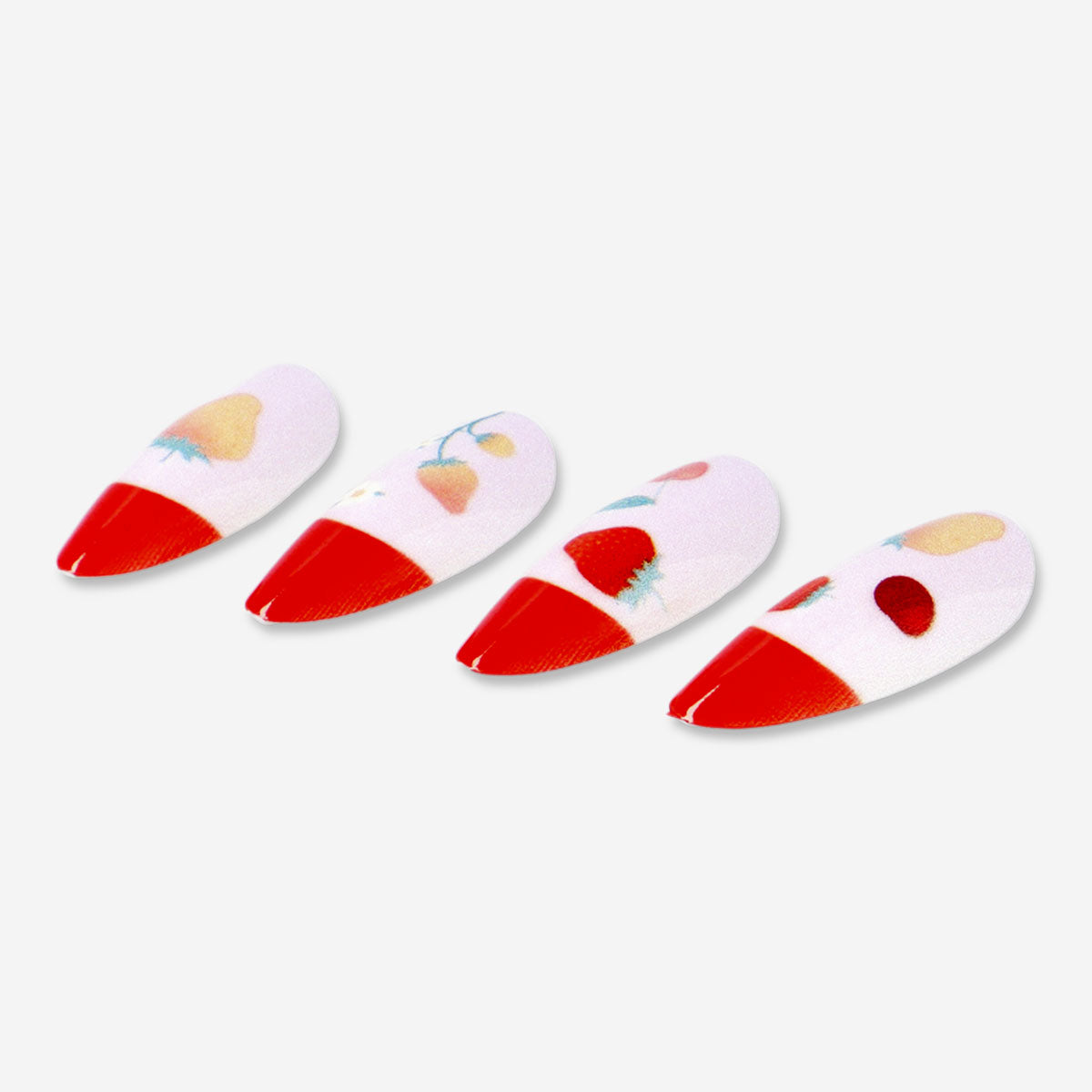 Flying Tiger Copenhagen press-on nails with a fun strawberry design, showcasing vibrant red and green nail art on natural-looking nails.