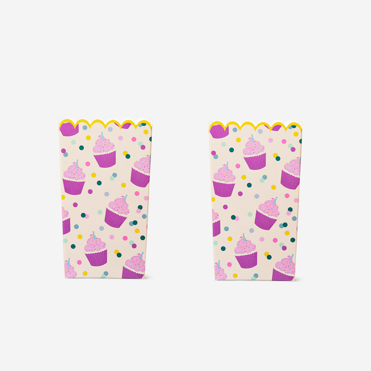 Two paper snack tubs for parties by Flying Tiger Copenhagen, featuring colorful, eco-friendly disposable containers for snacks.