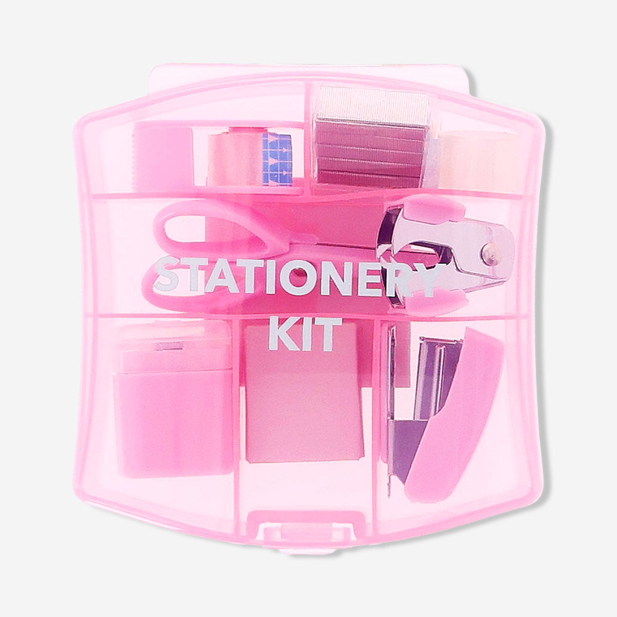 Pink Flying Tiger Copenhagen office stationery kit with pens, paper, and accessories on a white background.
