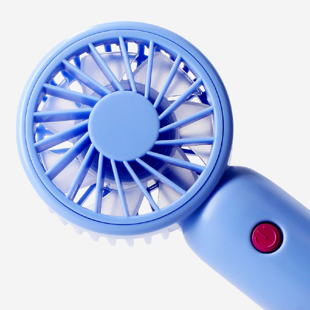 Blue handheld gadget fan with three adjustable settings, compact and portable for personal cooling by Flying Tiger Copenhagen.