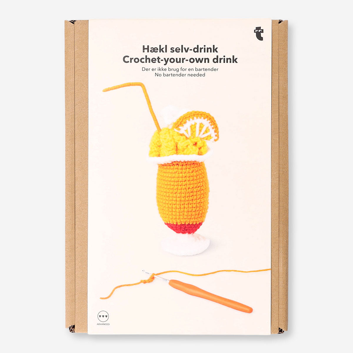 Crochet tropical drink in vibrant colors, crafted as a DIY hobby project by Flying Tiger Copenhagen, displayed on a flat surface.
