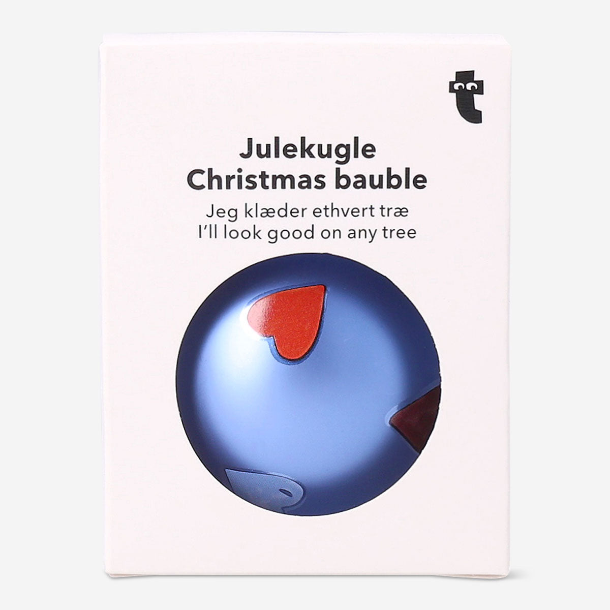 Metallic blue Christmas bauble with red hearts, decorative home ornament by Flying Tiger Copenhagen.