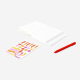 Flying Tiger Copenhagen A6 chilli notebook with zip pocket and stickers, featuring a colorful office stationery design.