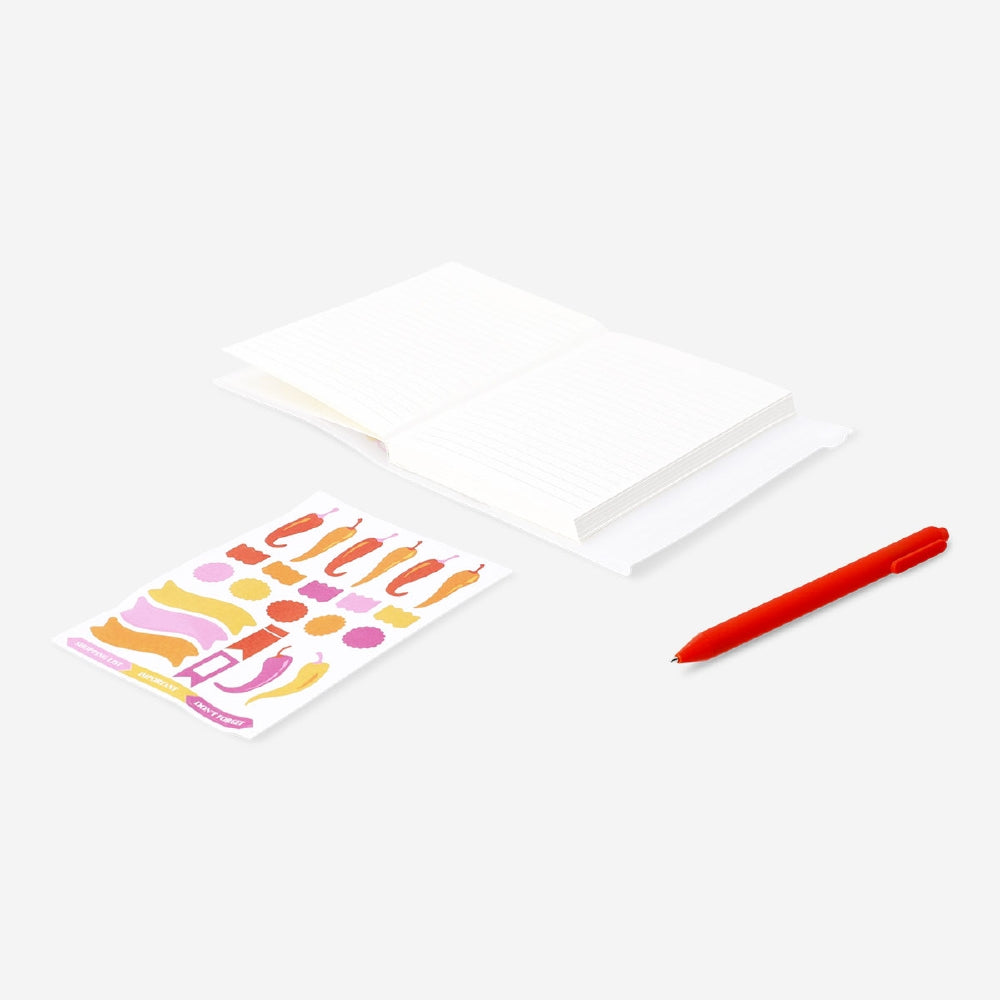 Flying Tiger Copenhagen A6 chilli notebook with zip pocket and stickers, featuring a colorful office stationery design.