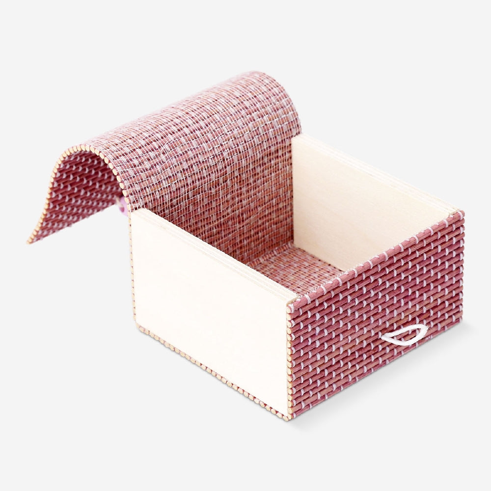 Purple bamboo storage box, 9x9 cm, from Flying Tiger Copenhagen, showing its compact size and smooth bamboo surface.