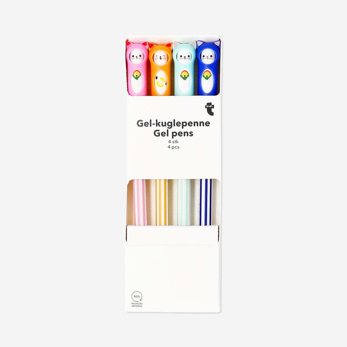 Set of four Flying Tiger Copenhagen gel pens with colorful lucky cat toppers, ideal for office or school use.