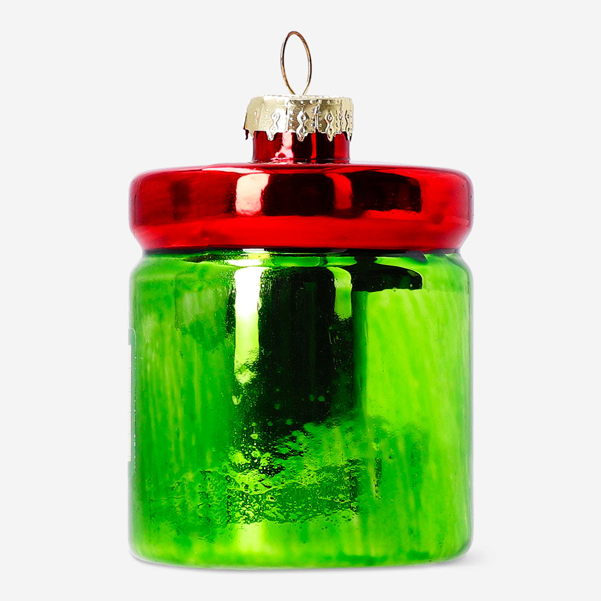 Flying Tiger Copenhagen pickle jar home decor, clear glass container with a lid, designed as a whimsical pickled cucumber figure.