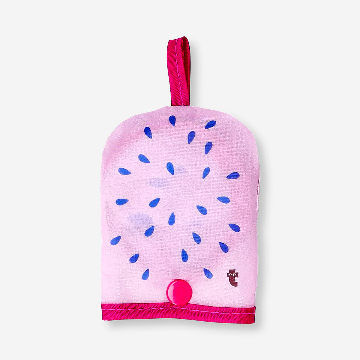 Foldable textile fan with vibrant dragon fruit print, made by Flying Tiger Copenhagen, featuring a lightweight and portable design.
