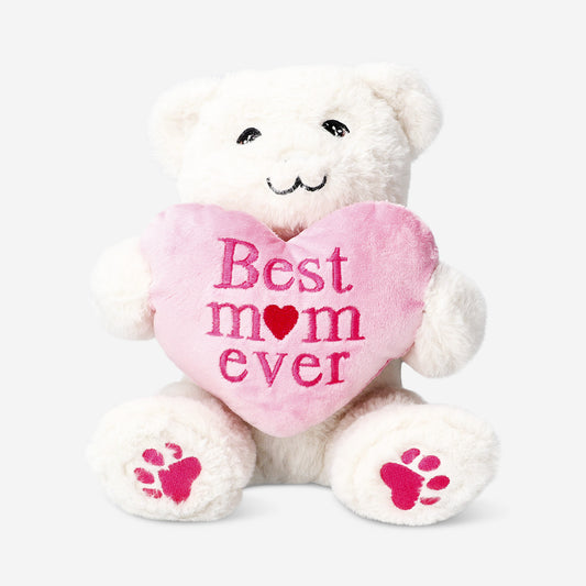 Peluche - Urso de peluche branco com coração cor-de-rosa para a mamã
