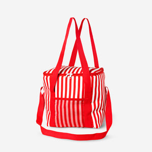 Red and white striped Flying Tiger Copenhagen cooler bag, insulated home storage bag with a zip closure and carry handle.