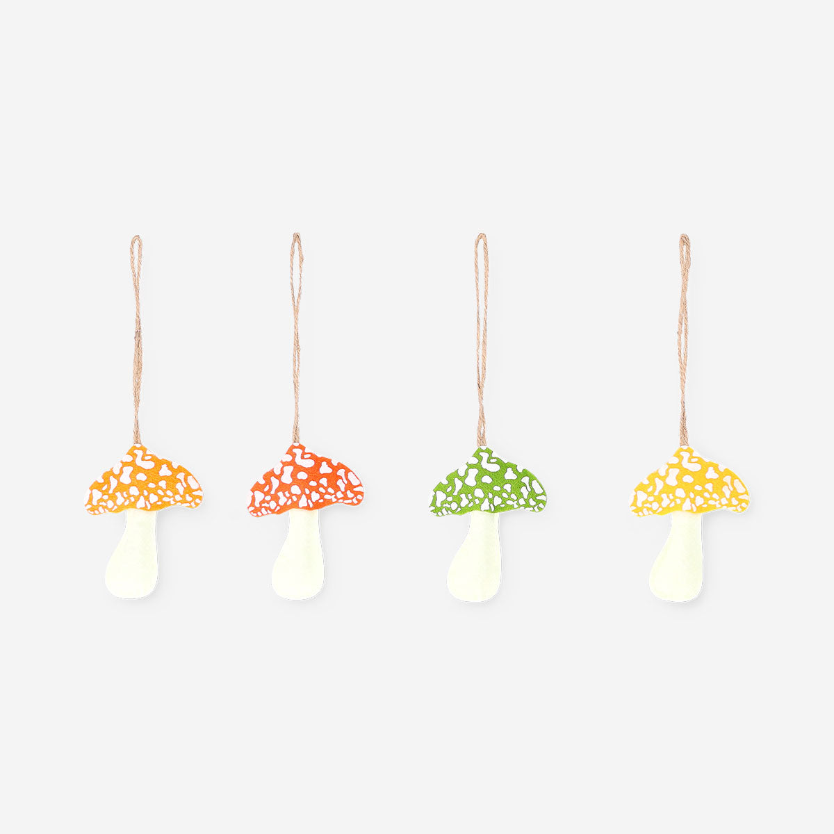 Set of four decorative felt mushrooms for hanging, ideal for party decor, from Flying Tiger Copenhagen.