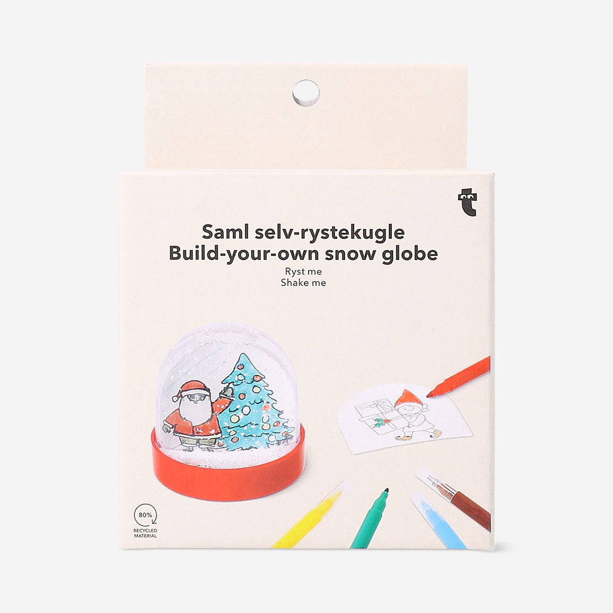 Colorful DIY snowglobe hobby kit with miniature scene and snow particles, by Flying Tiger Copenhagen.