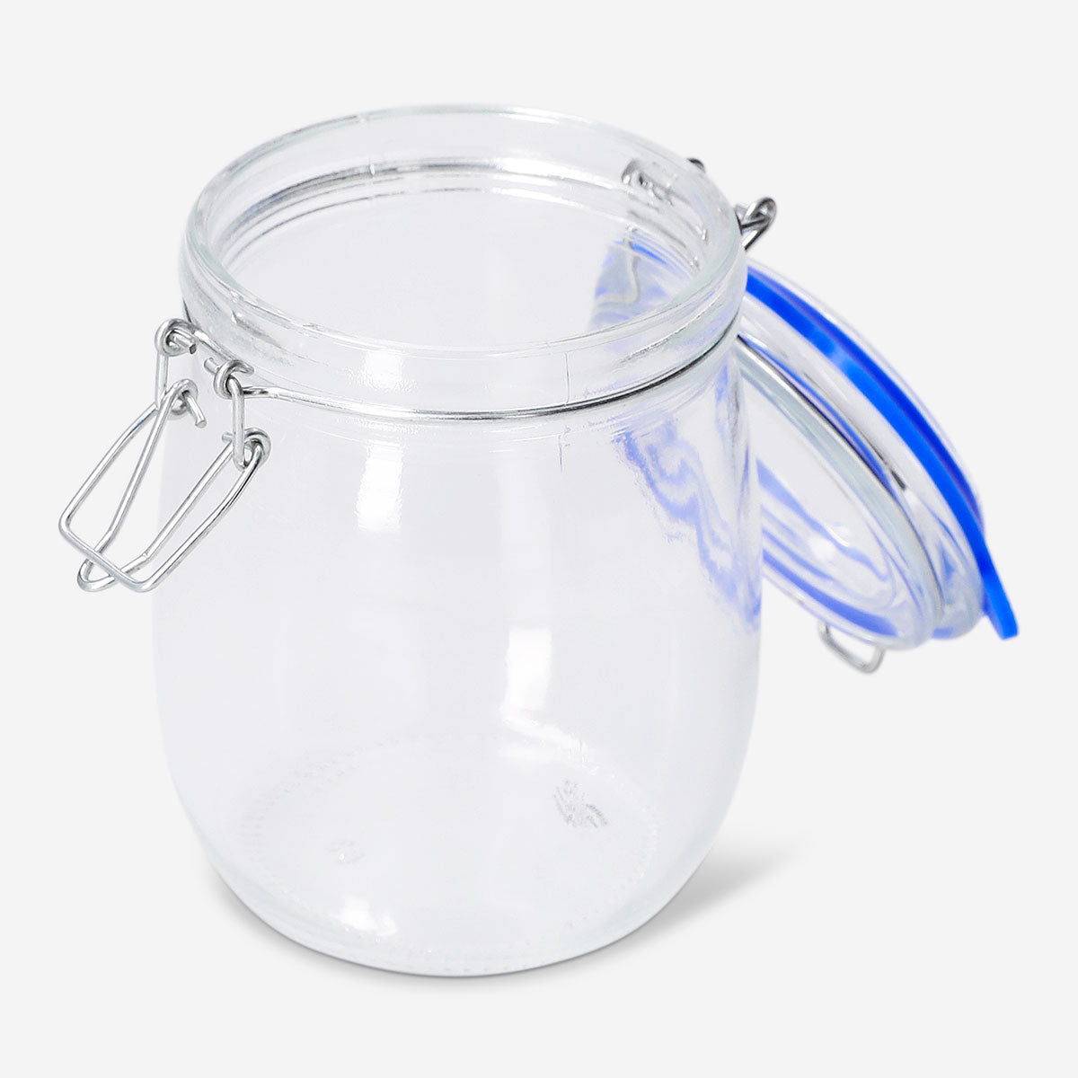 Glass jar with navy rim, 14 cm, ideal for kitchen storage, from Flying Tiger Copenhagen, showing the jar's clear body and navy-colored rim.