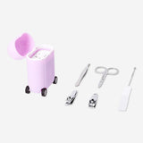 Flying Tiger Copenhagen lilac manicure and pedicure set in compact suitcase with six personal care tools.