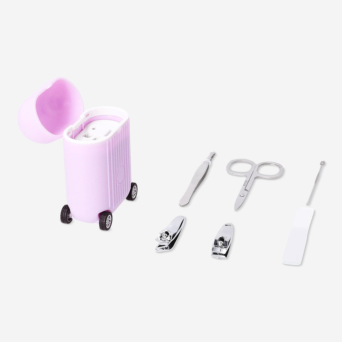 Flying Tiger Copenhagen lilac manicure and pedicure set in compact suitcase with six personal care tools.