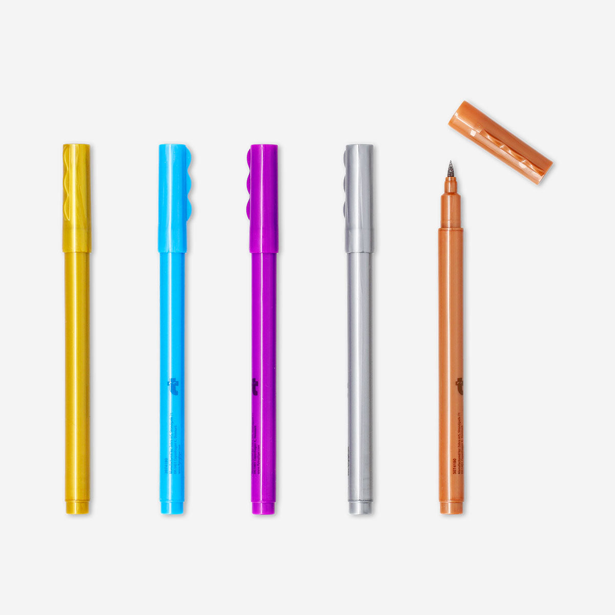 Set of 5 Flying Tiger Copenhagen fine brush markers with metallic effect for office and creative projects.