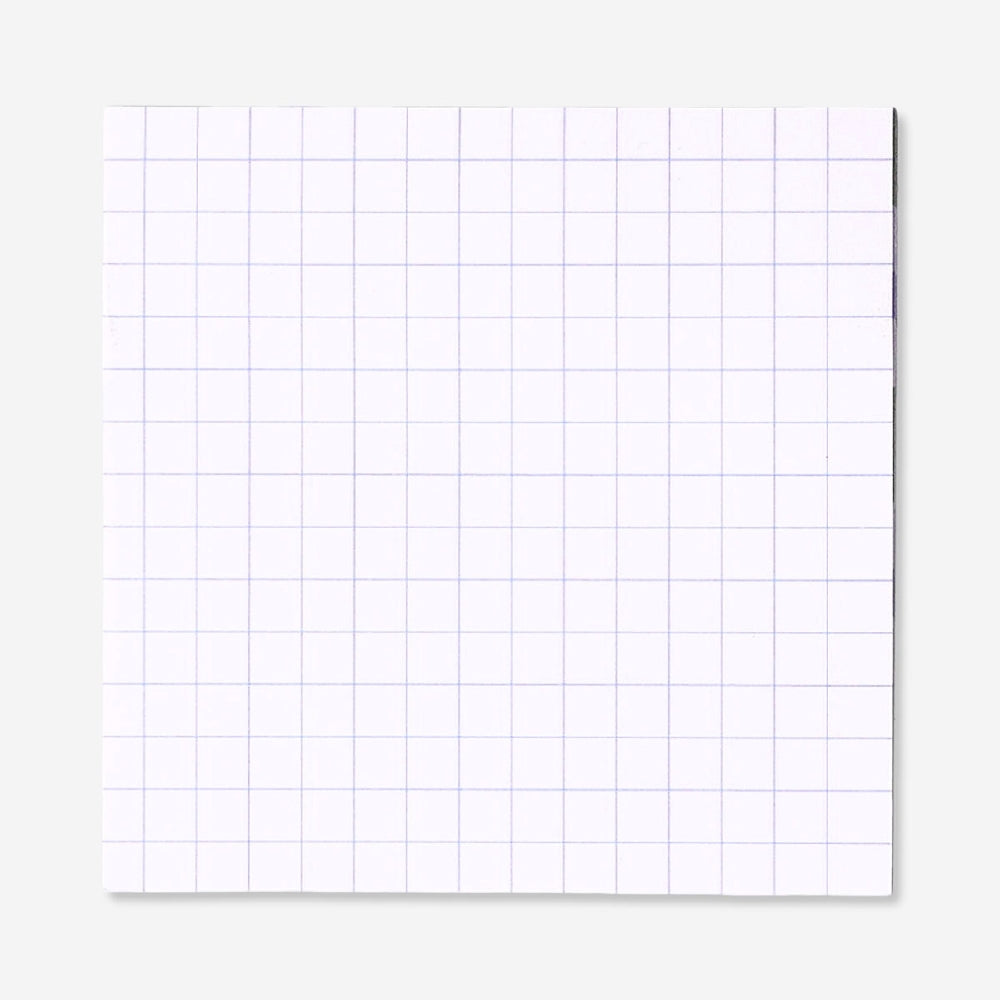 Stack of Flying Tiger Copenhagen sticky memos with grid pattern for office use, featuring colorful paper and adhesive backing.