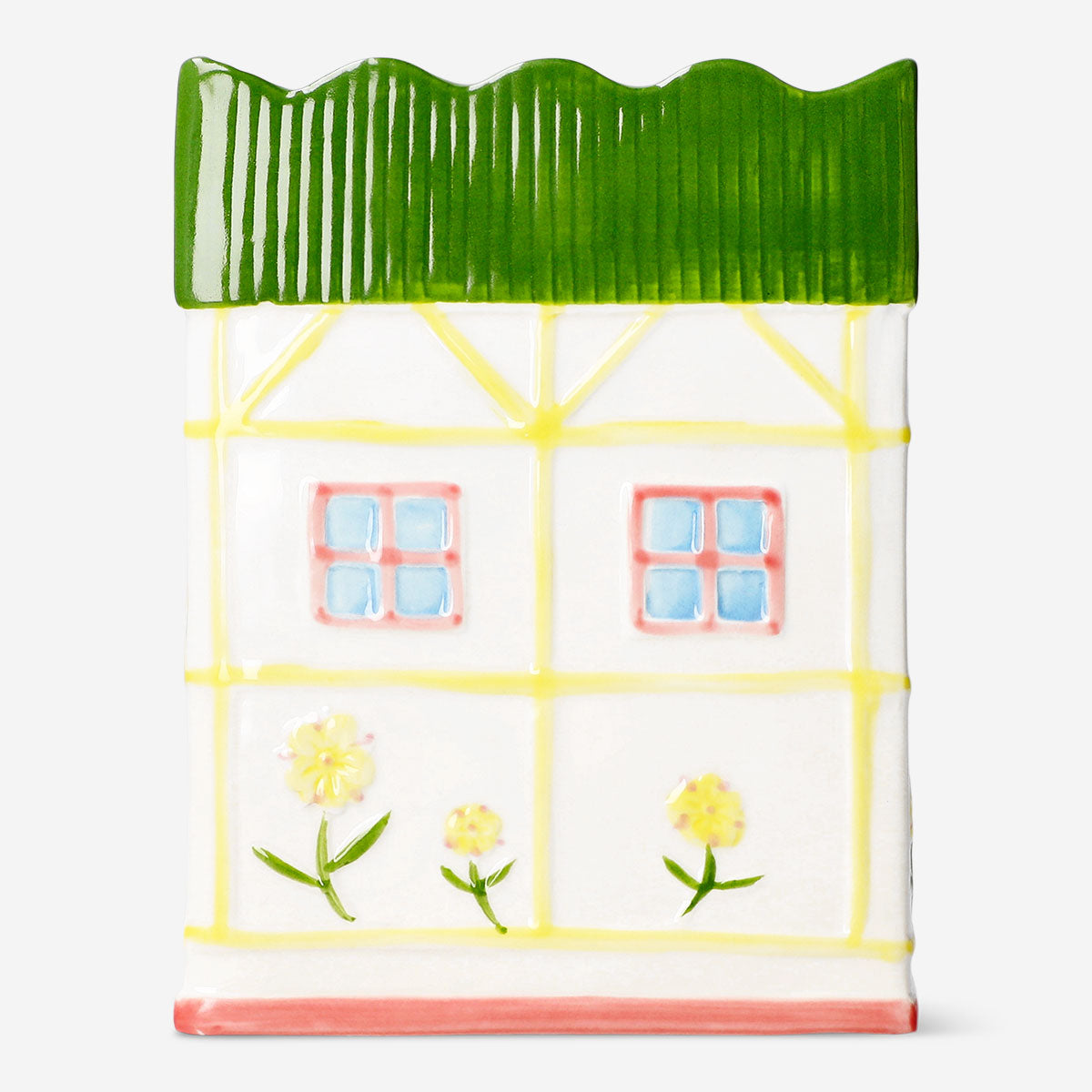Ceramic house-shaped vase by Flying Tiger Copenhagen, 20 cm tall, with a glossy white finish and decorative house design.