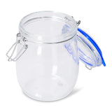 Glass jar with navy rim, 14 cm tall, used for kitchen storage, by Flying Tiger Copenhagen, shown with a clear glass body and navy accent.
