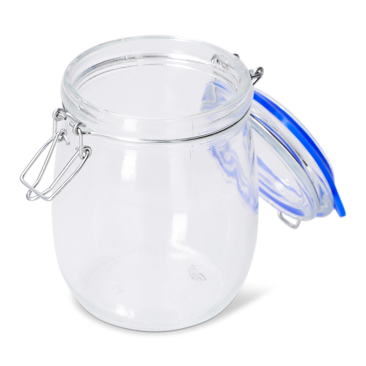 Glass jar with navy rim, 14 cm tall, used for kitchen storage, by Flying Tiger Copenhagen, shown with a clear glass body and navy accent.