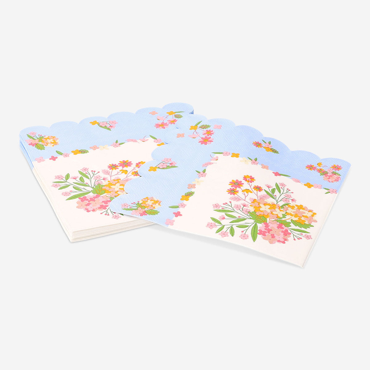 Set of 16 floral party napkins with scalloped edges by Flying Tiger Copenhagen, decorated with colorful flower patterns.