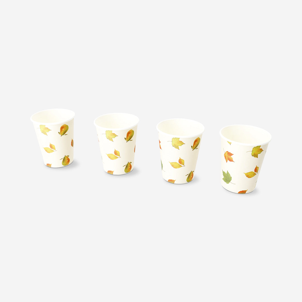 Set of 8 Flying Tiger Copenhagen paper party cups with autumn print, featuring fall leaves and warm seasonal colors.
