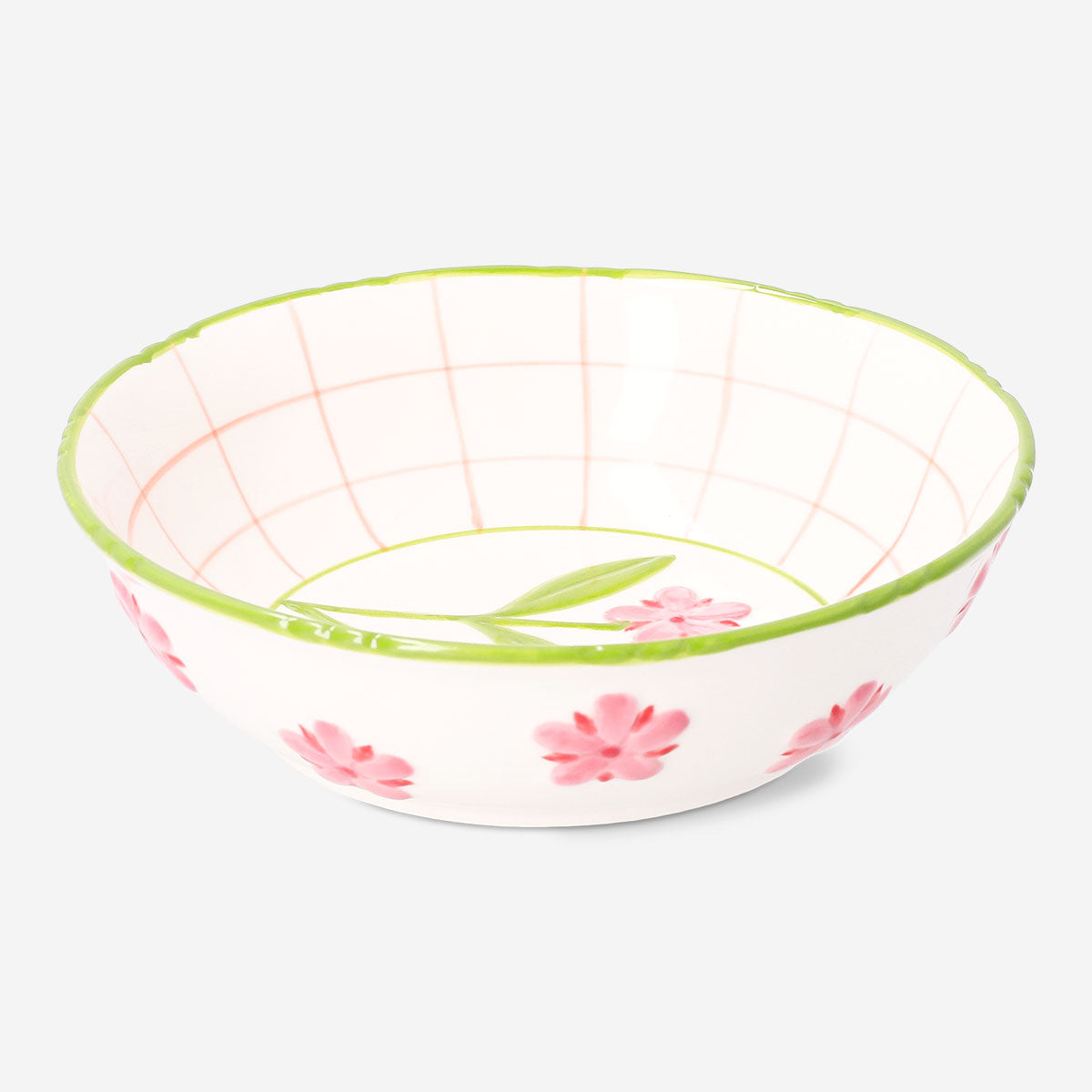 Ceramic kitchen bowl with embossed flower design, 21 cm diameter, by Flying Tiger Copenhagen, showing intricate floral pattern.