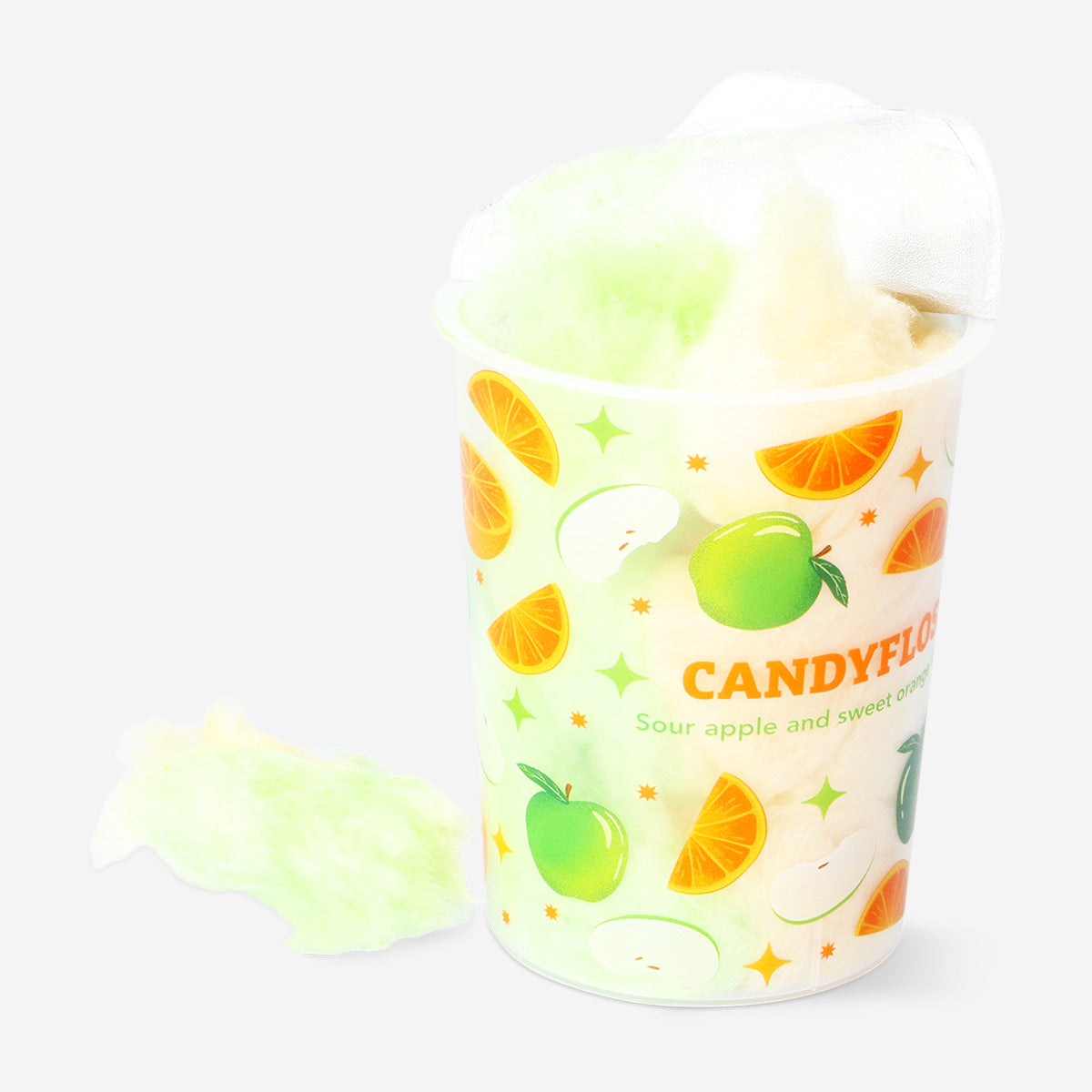 Colorful candy floss in sour apple and sweet orange flavors from Flying Tiger Copenhagen, shown in fluffy, vibrant cotton candy form.