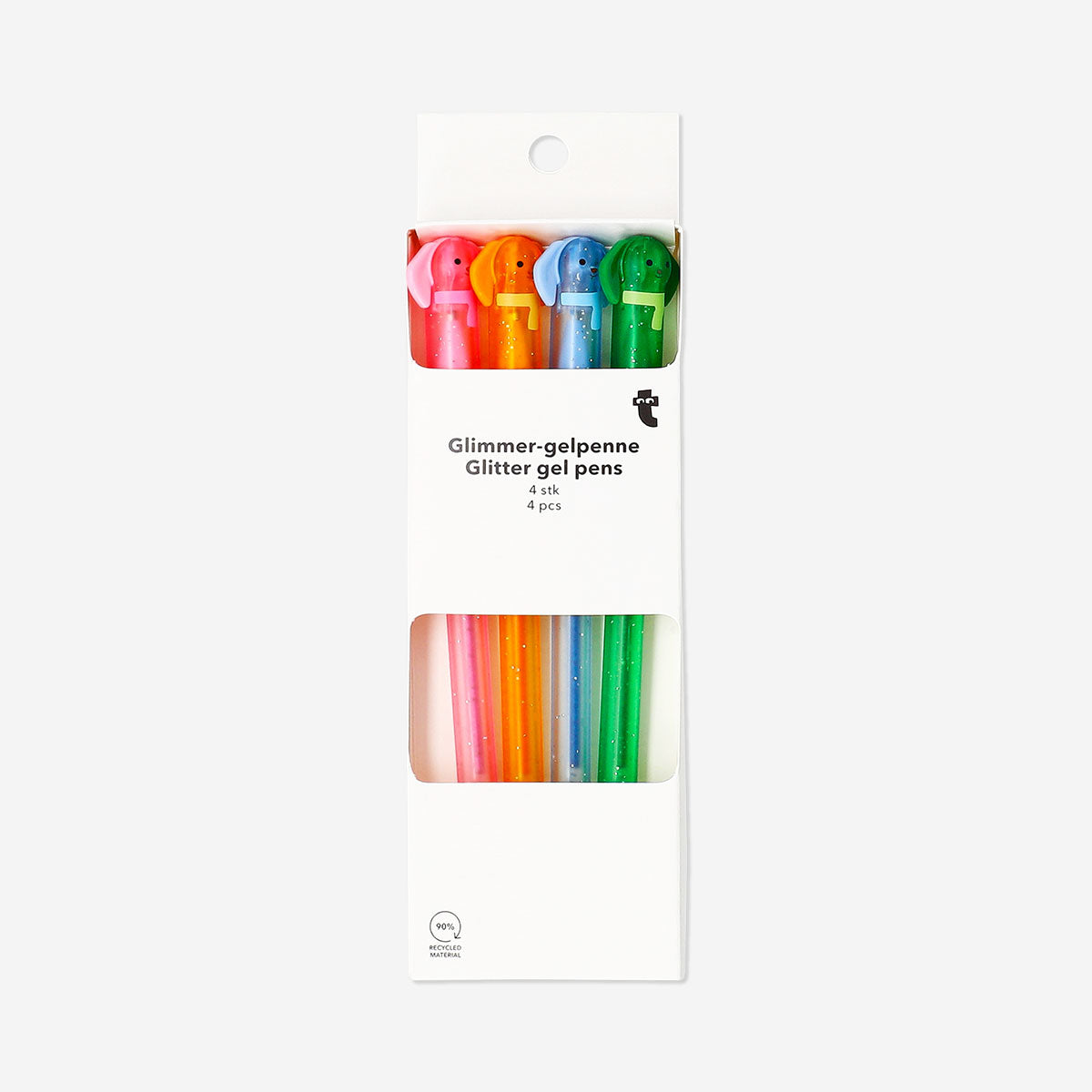 Set of four Glitter Gel Pens with playful dog toppers from Flying Tiger Copenhagen, perfect for office or school use.