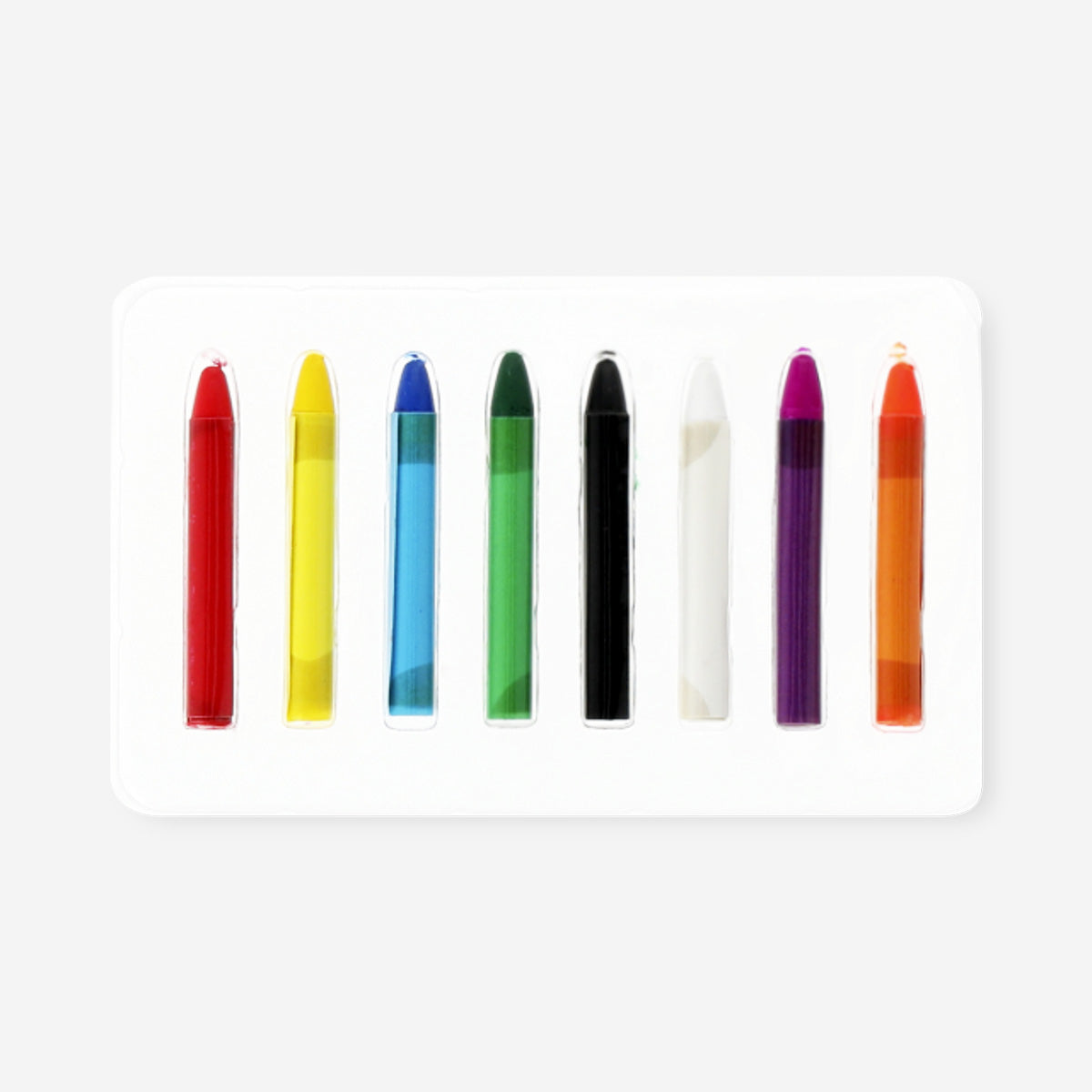 Eight colorful face paint crayons from Flying Tiger Copenhagen, ideal for creative personal care and face decoration.
