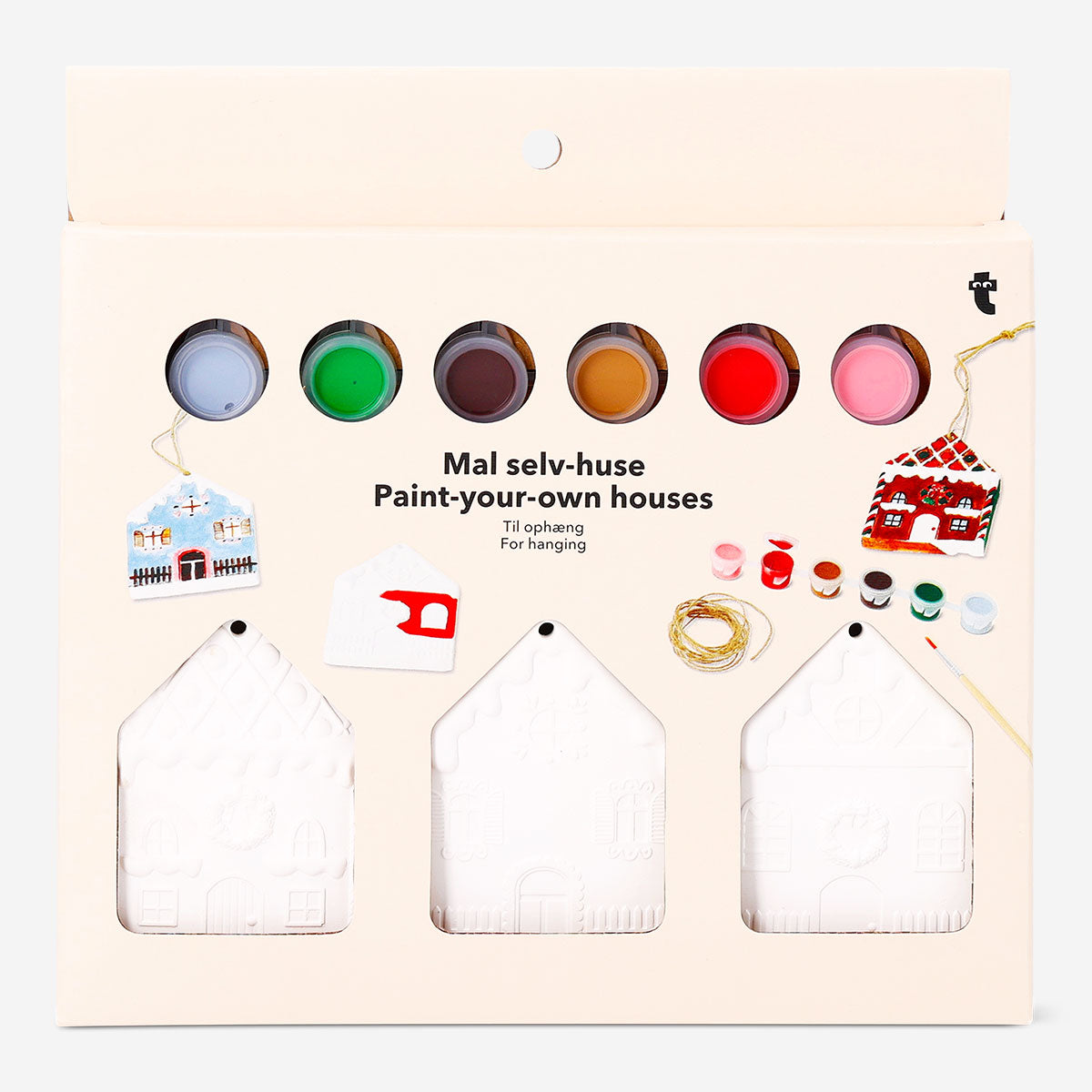 Set of three DIY ceramic house ornaments for crafts and decorating, from Flying Tiger Copenhagen, in assorted shapes and sizes.