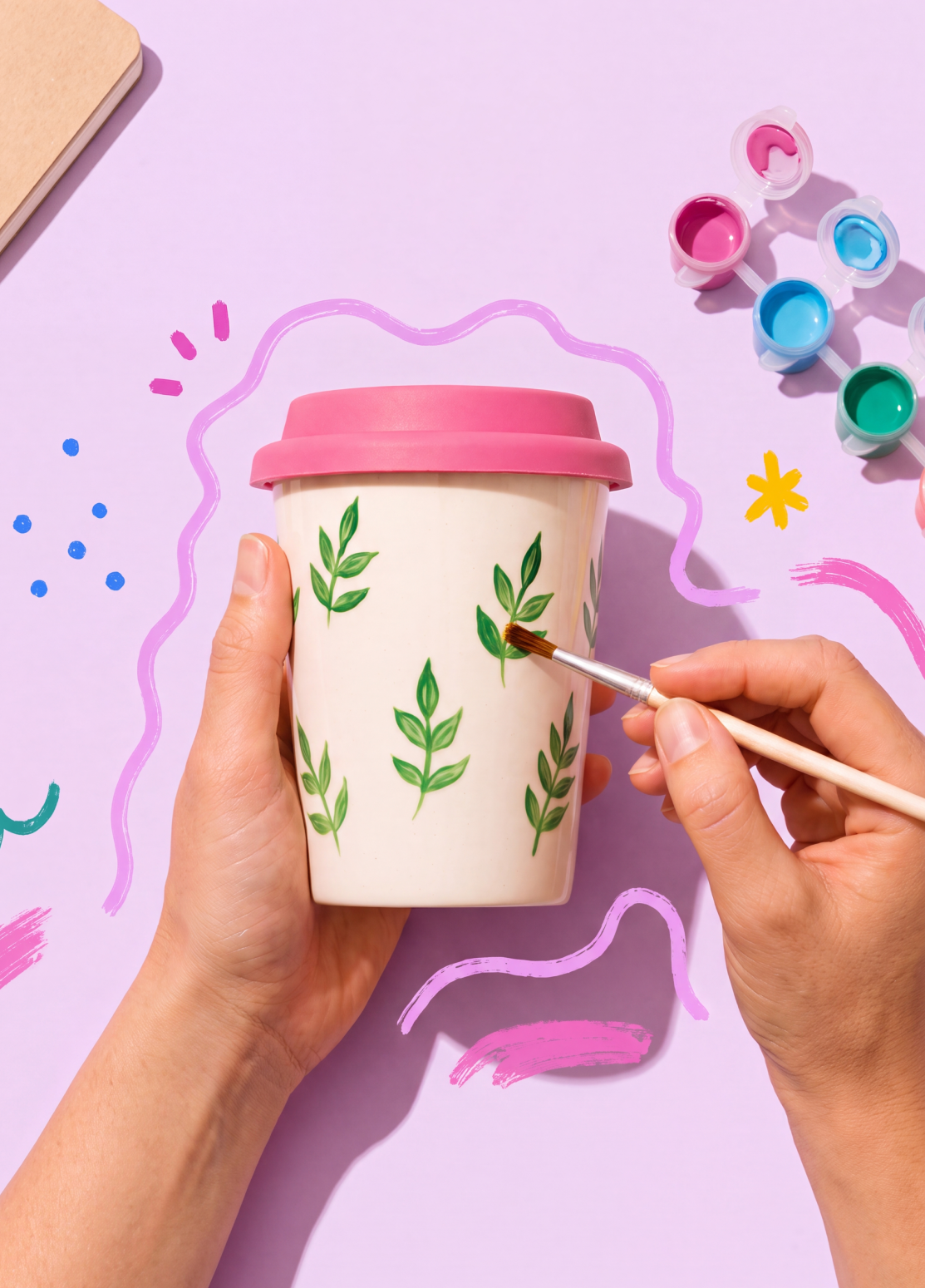 DIY to-go coffee mug by Flying Tiger Copenhagen, 360 ml ceramic mug with colorful hobby design and lid.
