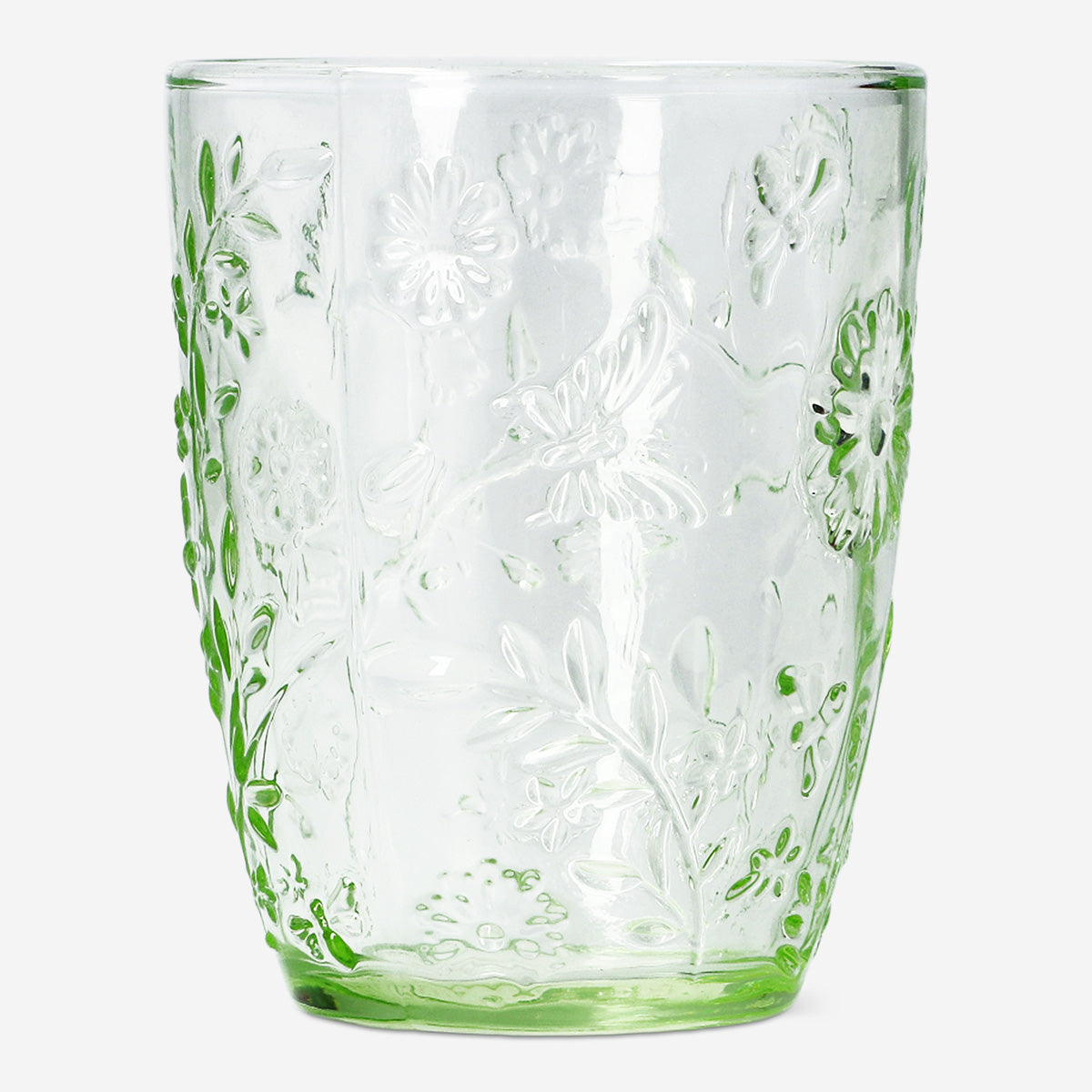 Green drinking glass with embossed flowers - 220 ml