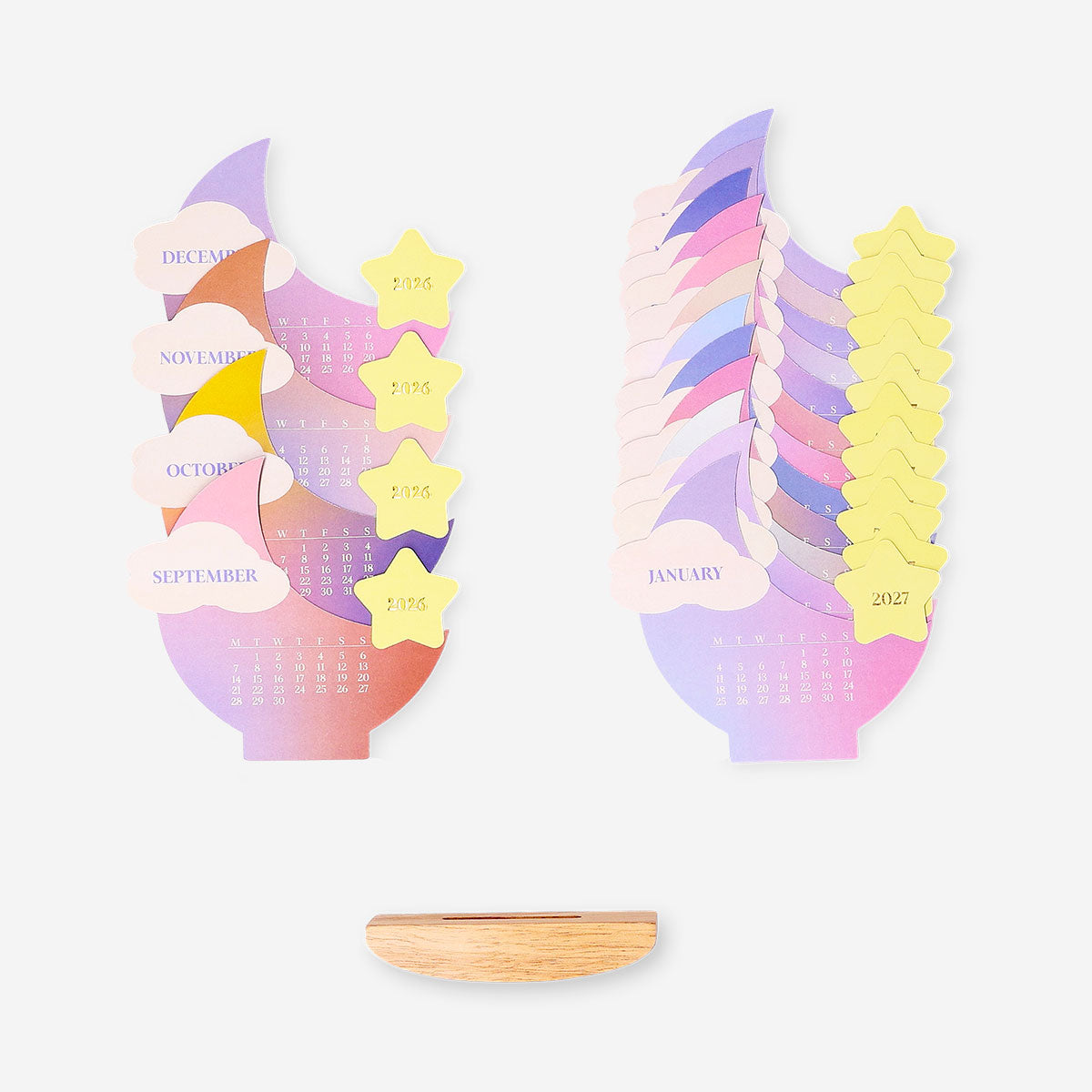 Monthly moon calendar for 2026-2027 on a wooden stand, ideal for desk office use by Flying Tiger Copenhagen.