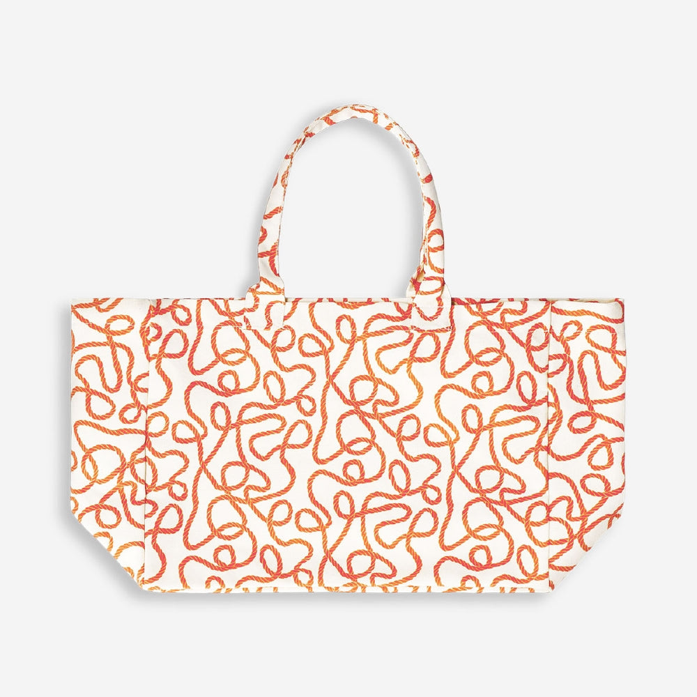 Flying Tiger Copenhagen shopper bag with a colorful robe print, made from textile material, featuring sturdy handles and spacious design.