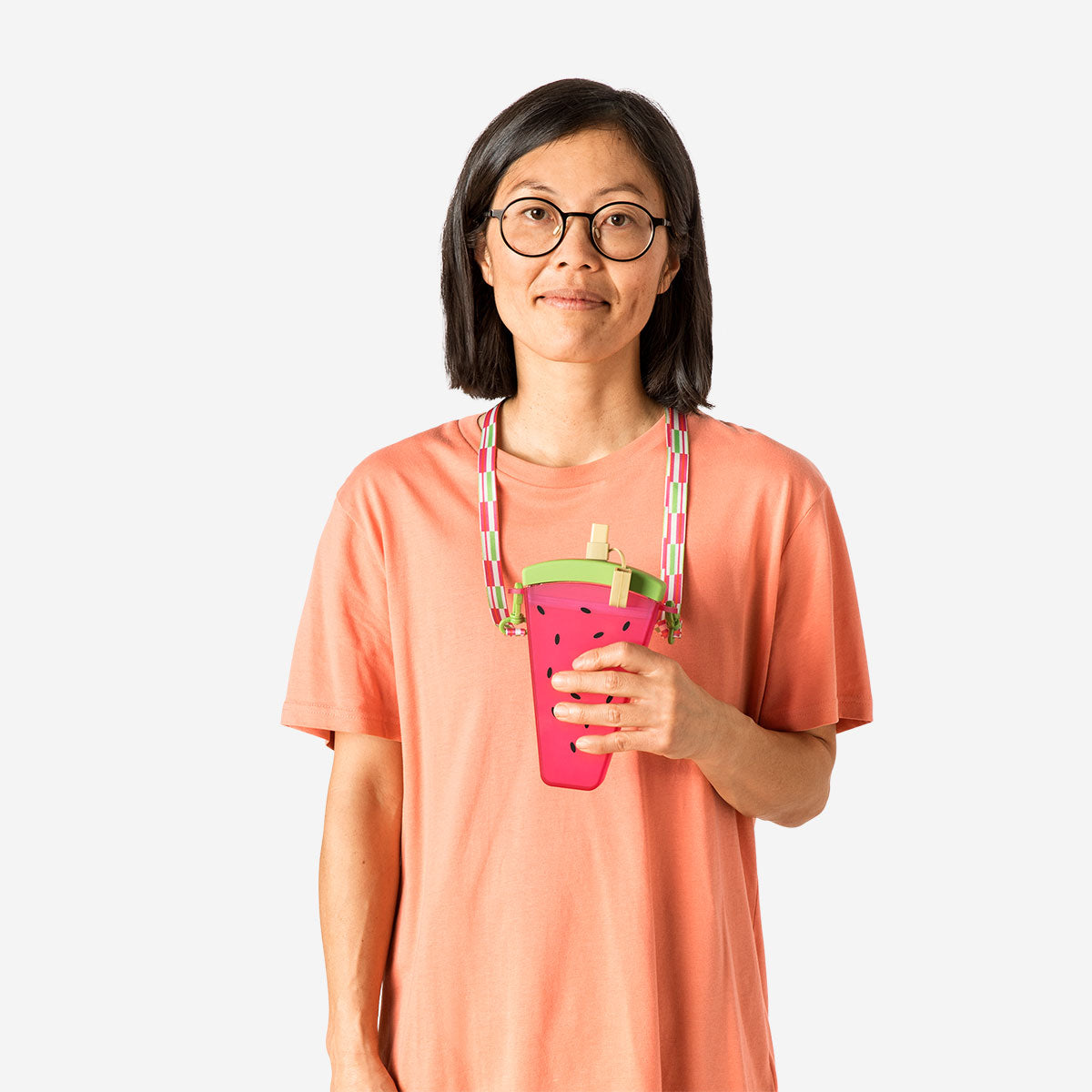Flying Tiger Copenhagen watermelon-shaped water bottle with carry strap, ideal for kitchen or on-the-go hydration.