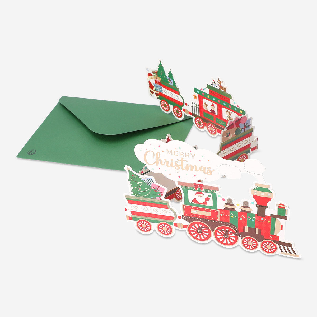 Fold out train Christmas card from Flying Tiger Copenhagen, featuring colorful holiday train design for office gifting.