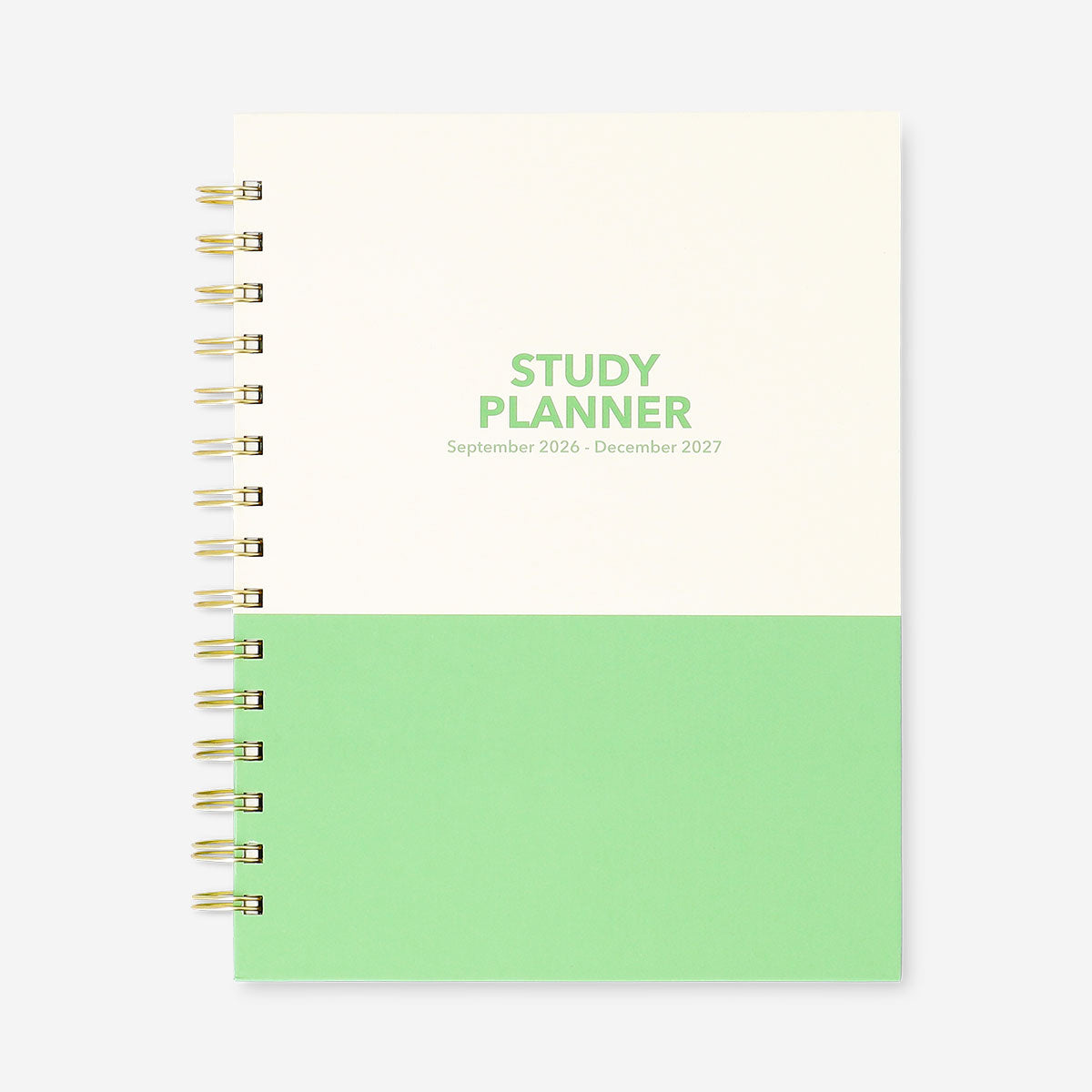 Green Flying Tiger Copenhagen study planner for 2026-2027, open to pages with calendar and notes, designed for office organization.