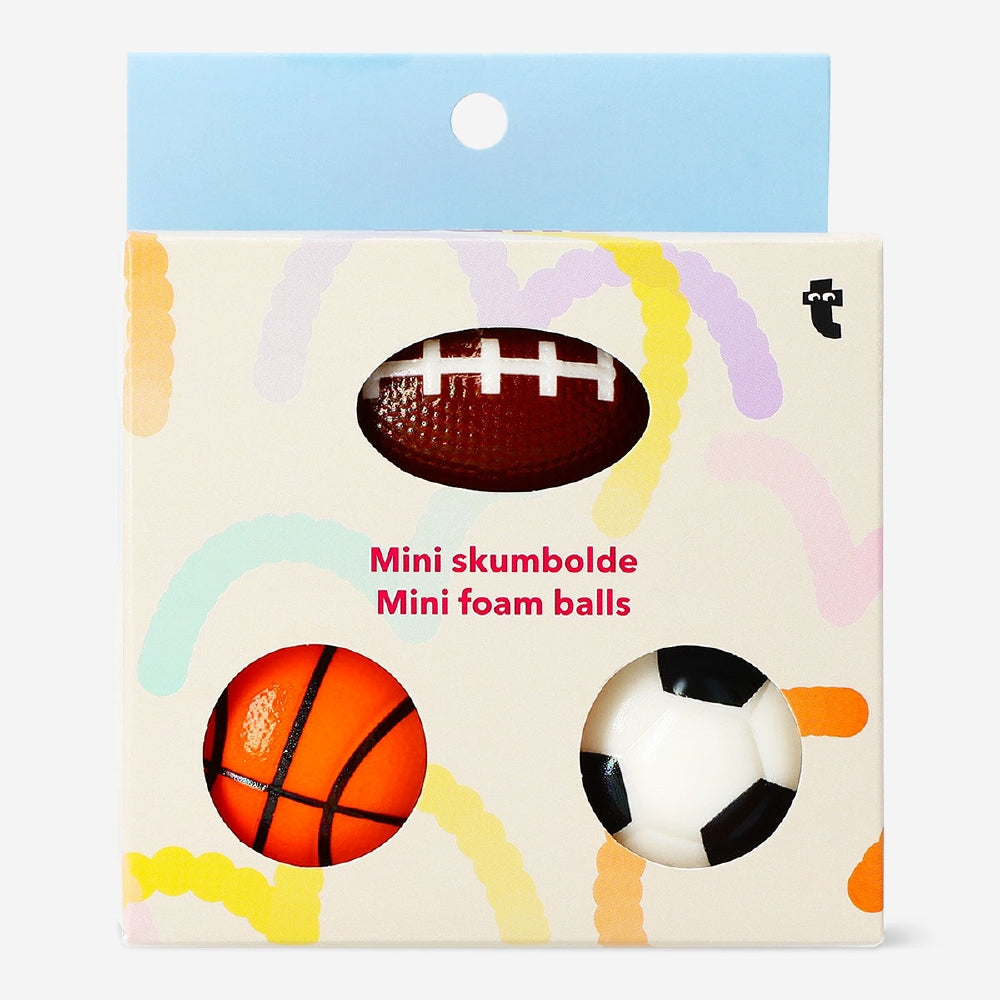 Set of three mini foam toy balls in bright colors, perfect for children’s play and sensory activities.