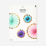 Four hanging paper fans with foil edges, colorful party decorations by Flying Tiger Copenhagen, ideal for celebrations and events.