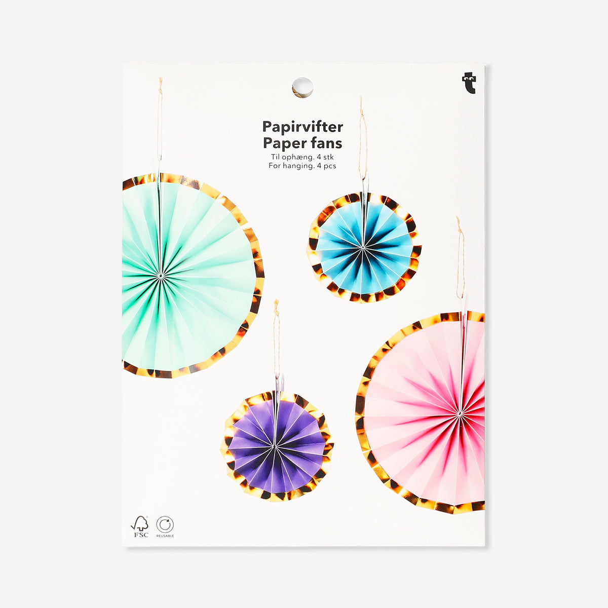 Four hanging paper fans with foil edges, colorful party decorations by Flying Tiger Copenhagen, ideal for celebrations and events.