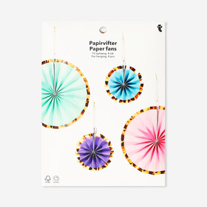 Four hanging paper fans with foil edges, colorful party decorations by Flying Tiger Copenhagen, ideal for celebrations and events.