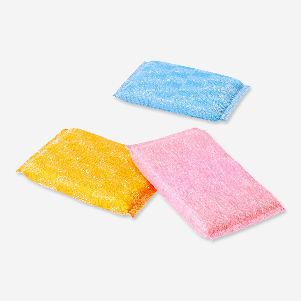 Set of three Flying Tiger Copenhagen kitchen cleaning sponges with textured surfaces for effective dishwashing and scrubbing.