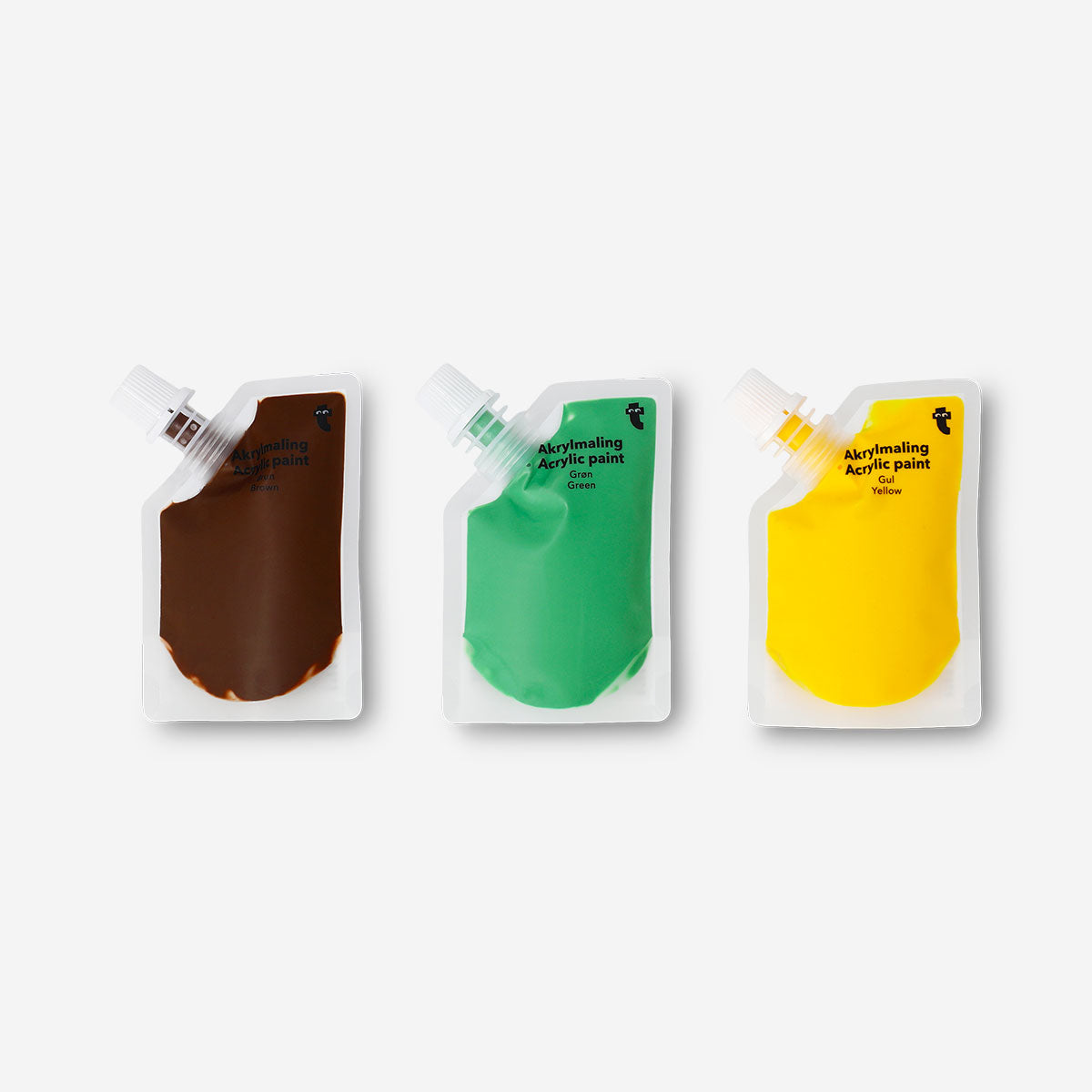 Set of three acrylic paints from Flying Tiger Copenhagen, colorful hobby paint bottles for arts and crafts projects.
