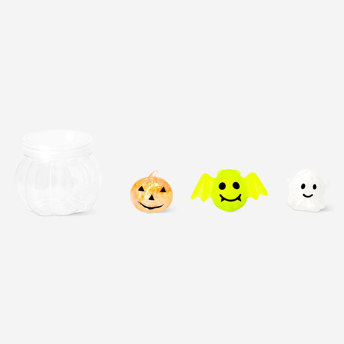 Flying Tiger Copenhagen Press Me Halloween character toys set featuring colorful, squeezable gadgets in spooky themed designs.