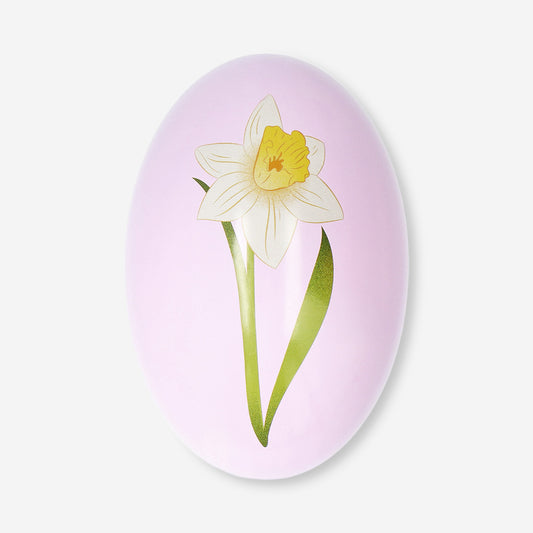 Uovo di Pasqua in metallo rosa con narciso - 12 cm