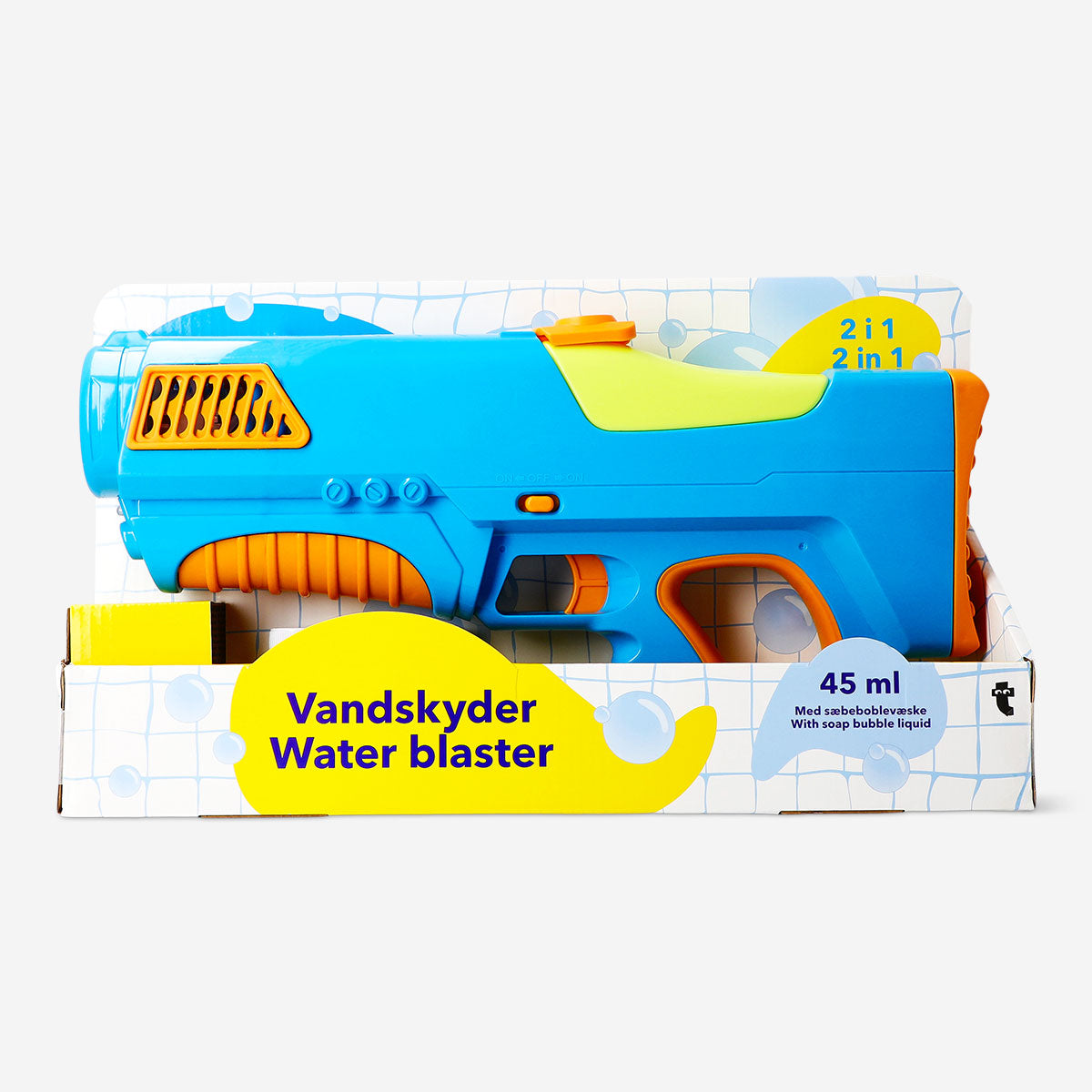Blue Flying Tiger Copenhagen 2-in-1 water blaster toy with soap bubbles, perfect for outdoor play and water battles.